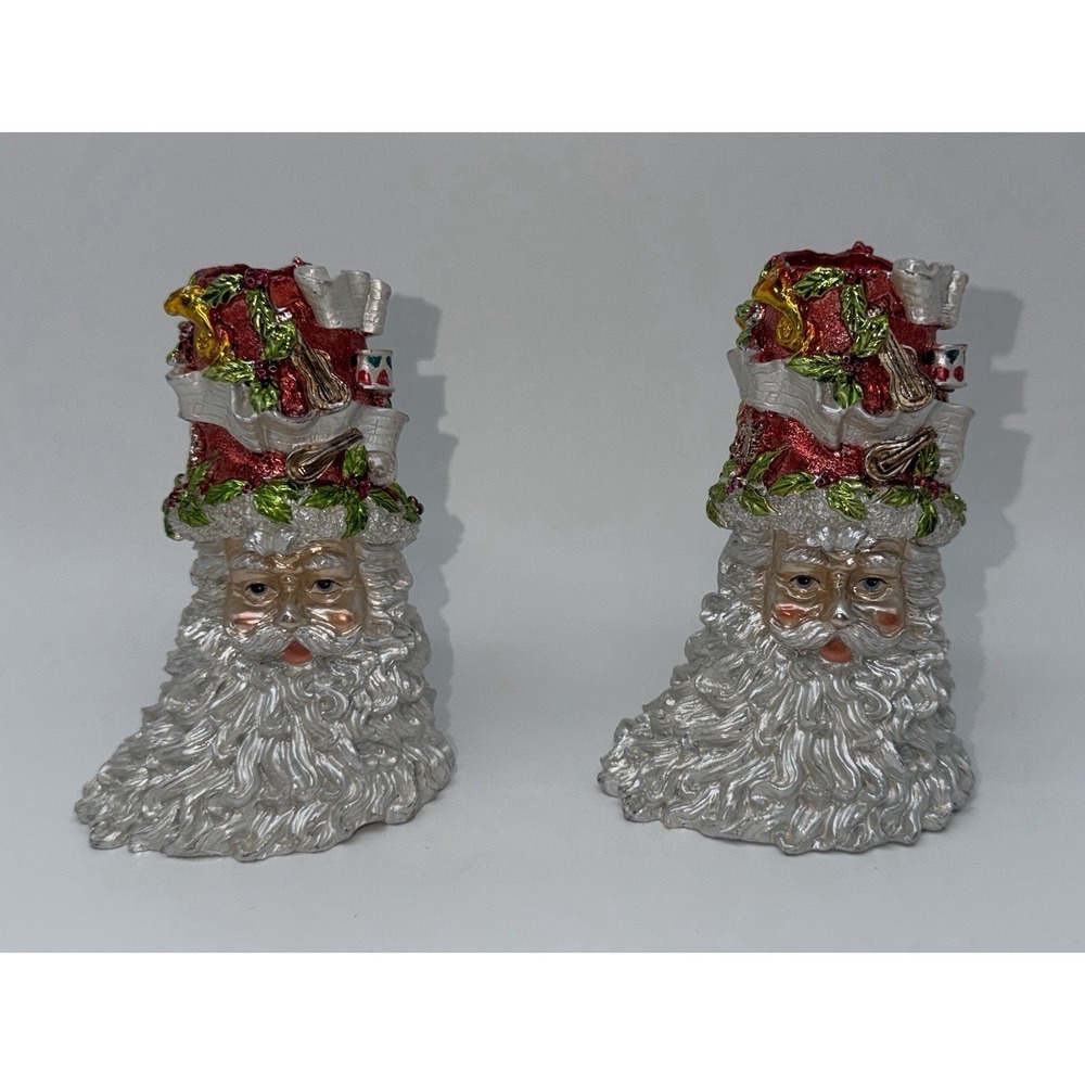 2 Christmas Santa Candlestick Holders Beard Holly Holiday